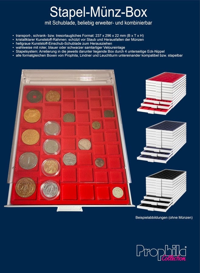 Prophila Collection Prophila Coin Box Gray 35 Angular compartments for Coins up to 36 mm (5 Rubel, 10 DM, 10 Euro), Blue Insert - Image 4